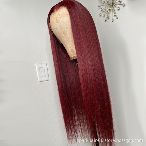 Factory Direct Sale Virgin Human Hair Lace Wigs,Long Colored 99J Brazilian Human Hair Lace Wigs,Middle Part With Baby Hair Hair